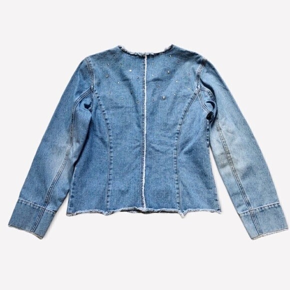 Vintage 80s Express Denim Jean Jacket Studded Fitted Collarless Inside Out Seams - Picture 13 of 16